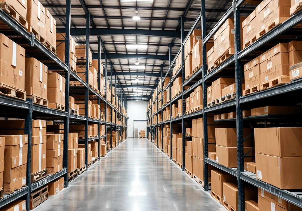 Warehouse with stacked boxes
